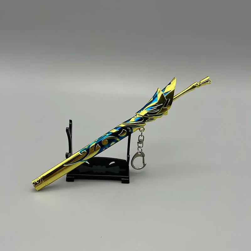 Anime-style zinc alloy sword replica with blue and gold design on display stand