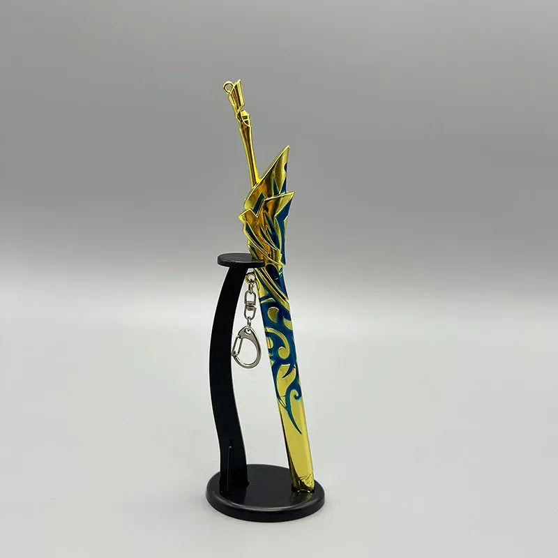 1:6 anime-style gold and blue weapon replica on display stand, BlacksmithSONG collectible