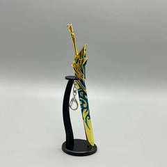 1:6 anime-style gold and blue weapon replica on display stand, BlacksmithSONG collectible