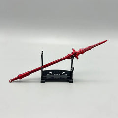 Red anime-style zinc alloy spear replica on display stand, collectible weapon from BlacksmithSONG.