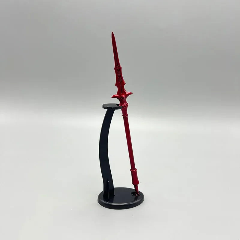 Anime-style red zinc alloy spear replica on display stand, BlacksmithSONG collectible