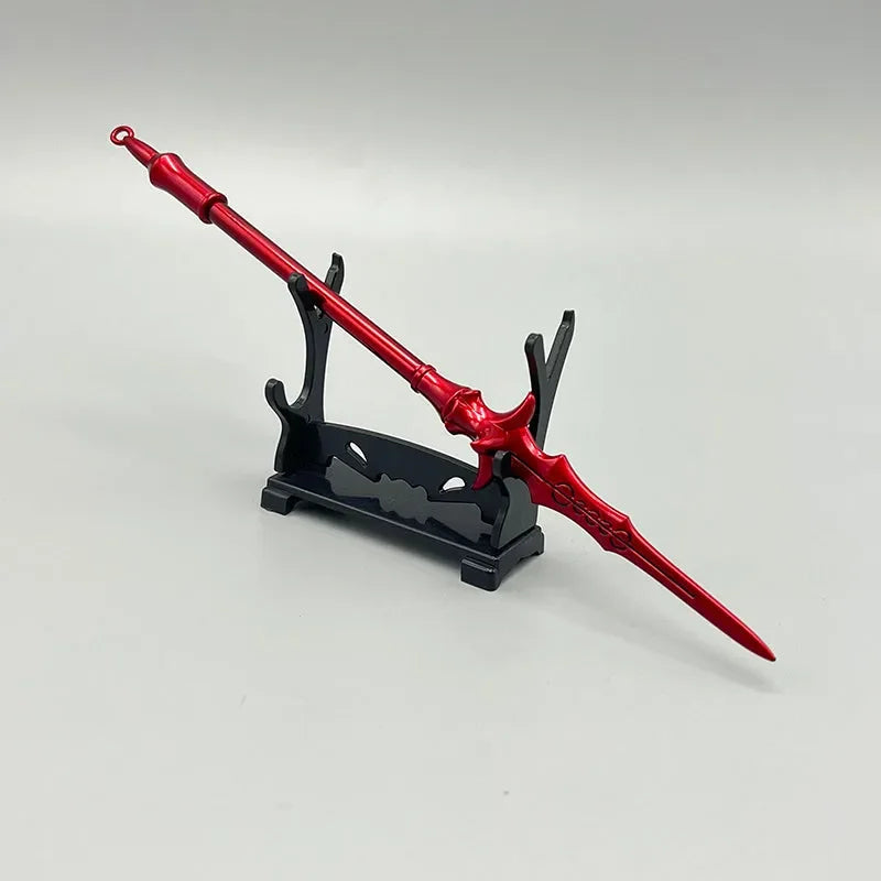 Red anime-style zinc alloy spear replica on black stand, collectible display at BlacksmithSONG