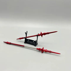 Red anime-style zinc alloy spear replicas on display stand, collectible cosplay weapons