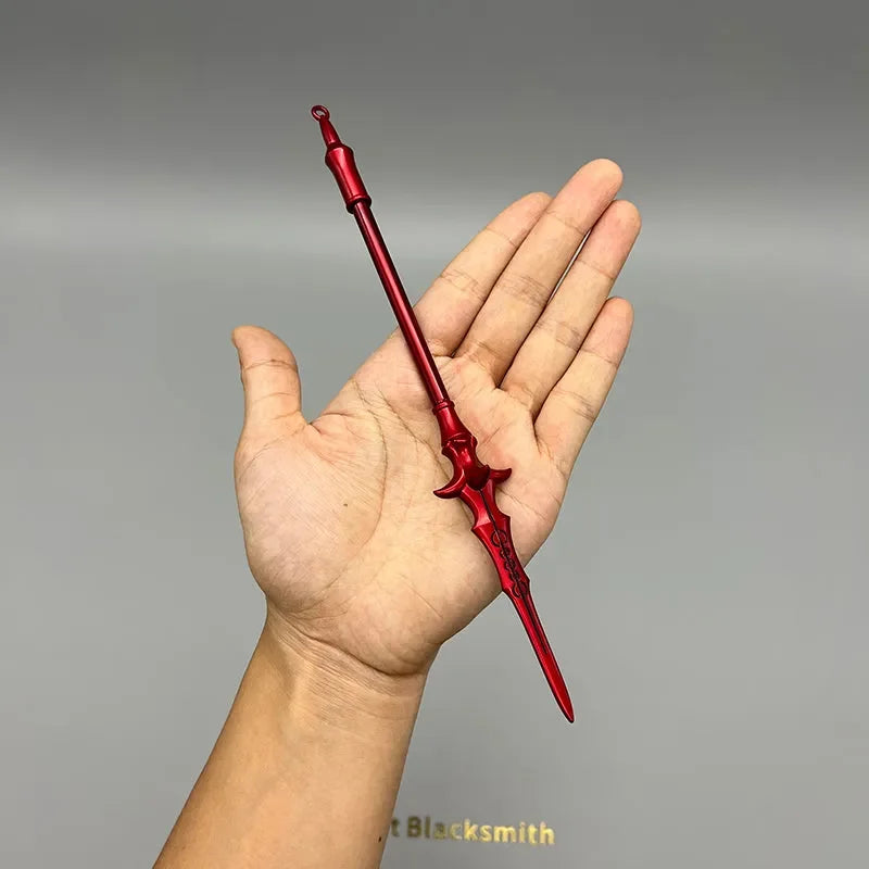 Red anime-style zinc alloy spear replica collectible displayed in hand, BlacksmithSONG