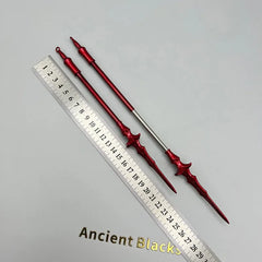 Red anime-style zinc alloy weapon replicas with ruler for scale, collectible display by BlacksmithSONG.