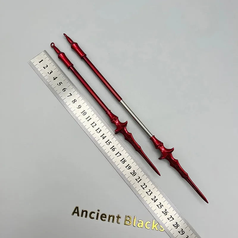 Red anime-style zinc alloy weapon replicas with ruler for scale, collectible display by BlacksmithSONG.