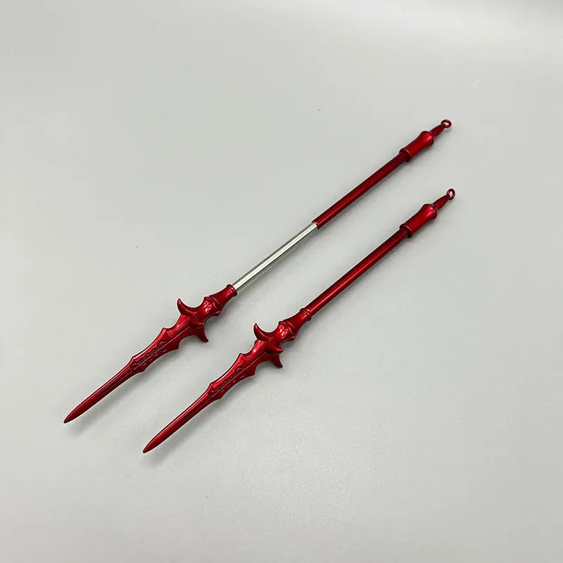 Red anime-style zinc alloy spear replicas on white background, BlacksmithSONG collectible.