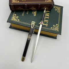 Anime-style zinc alloy sword replica with ornate sheath on classic books, BlacksmithSONG collectible.