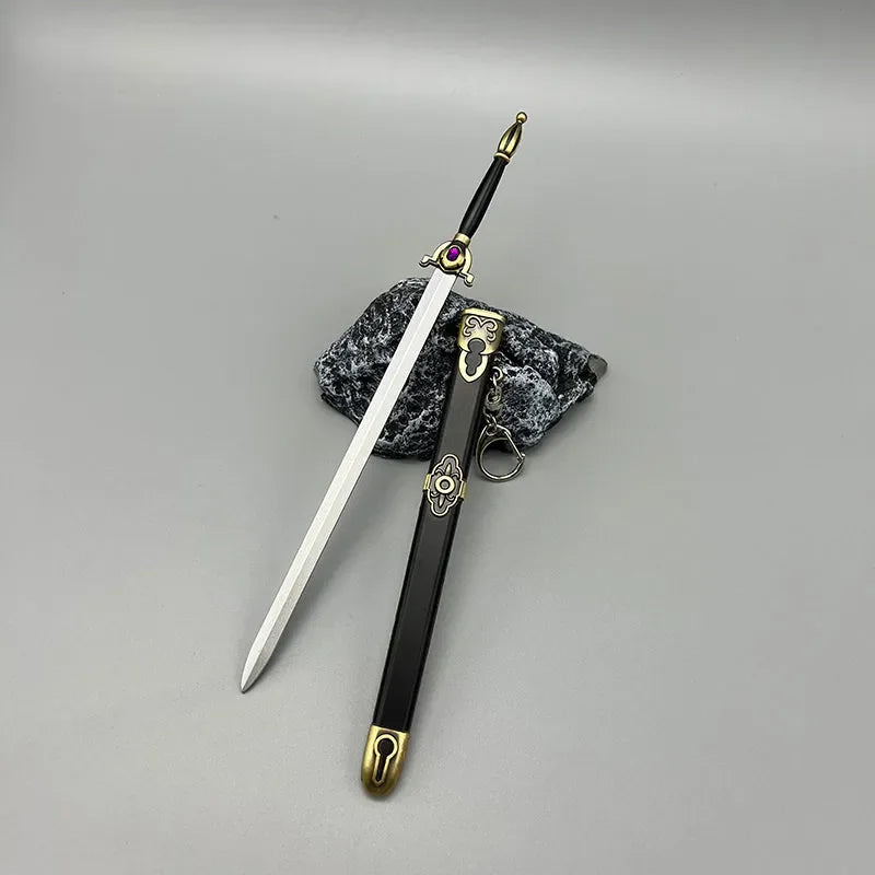 1:6 anime-style zinc alloy sword replica with black and gold scabbard on gray background