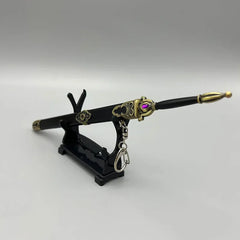 1:6 scale anime-style zinc alloy sword replica with ornate gold details on a black stand
