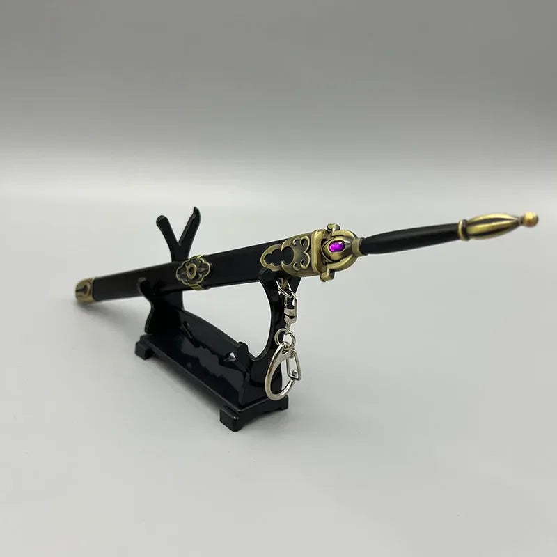 1:6 scale anime-style zinc alloy sword replica with ornate gold details on a black stand