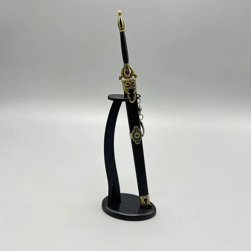 1:6 scale anime-style zinc alloy sword replica with gold accents on display stand