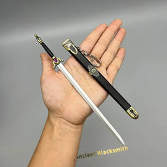 Hand holding 1:6 anime-style zinc alloy sword replica with sheath, collectible cosplay accessory