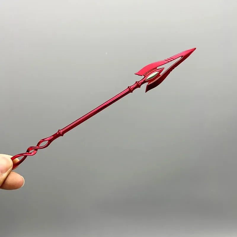 Red 1:6 anime-style zinc alloy spear replica collectible held against a gray background