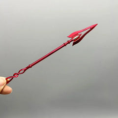Red 1:6 anime-style zinc alloy spear replica collectible held against a gray background