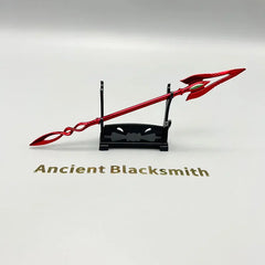 Red zinc alloy anime-style spear replica on stand, collectible by BlacksmithSONG.