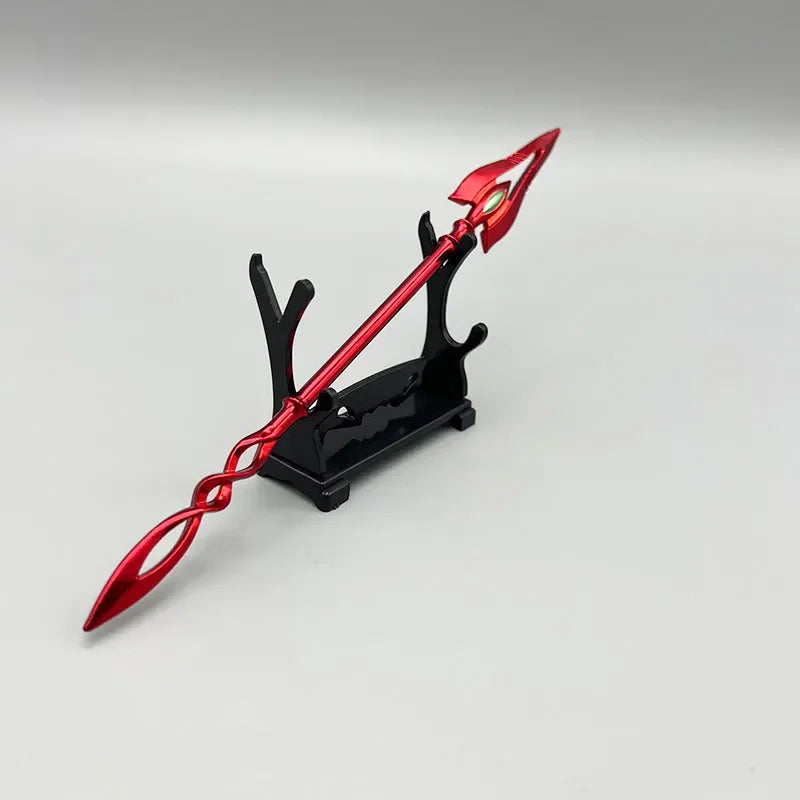 Red anime-style zinc alloy spear replica on black display stand, collectible by BlacksmithSONG