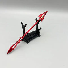 Red anime-style zinc alloy spear replica on black display stand, collectible by BlacksmithSONG