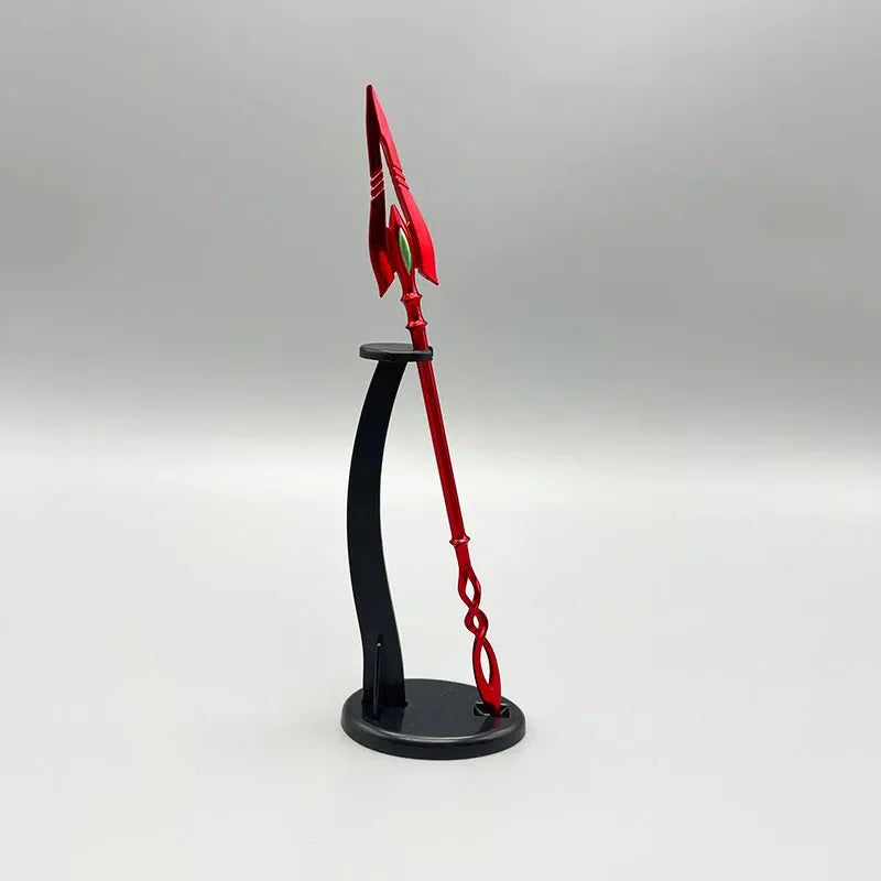 Red anime-style zinc alloy weapon replica on display stand, collectible for cosplay.