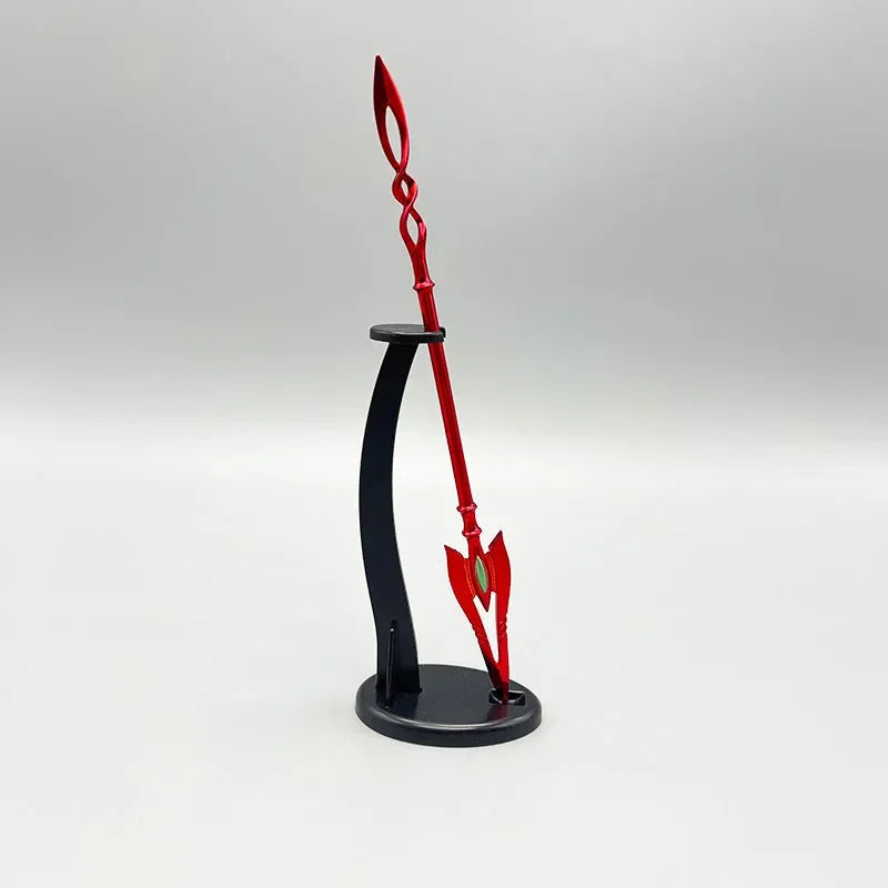 Red anime-style zinc alloy spear collectible on black display stand, BlacksmithSONG.