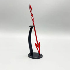 Red anime-style zinc alloy spear collectible on black display stand, BlacksmithSONG.