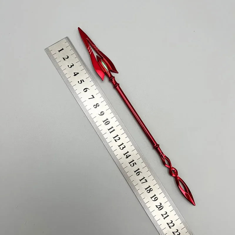Red 1:6 anime-style zinc alloy spear replica beside ruler, collectible from BlacksmithSONG