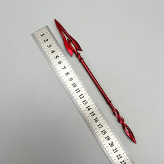 Red 1:6 anime-style zinc alloy spear replica beside ruler, collectible from BlacksmithSONG