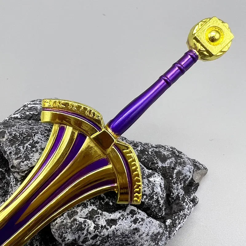 Purple and gold anime-style zinc alloy sword replica on stone, BlacksmithSONG collectible