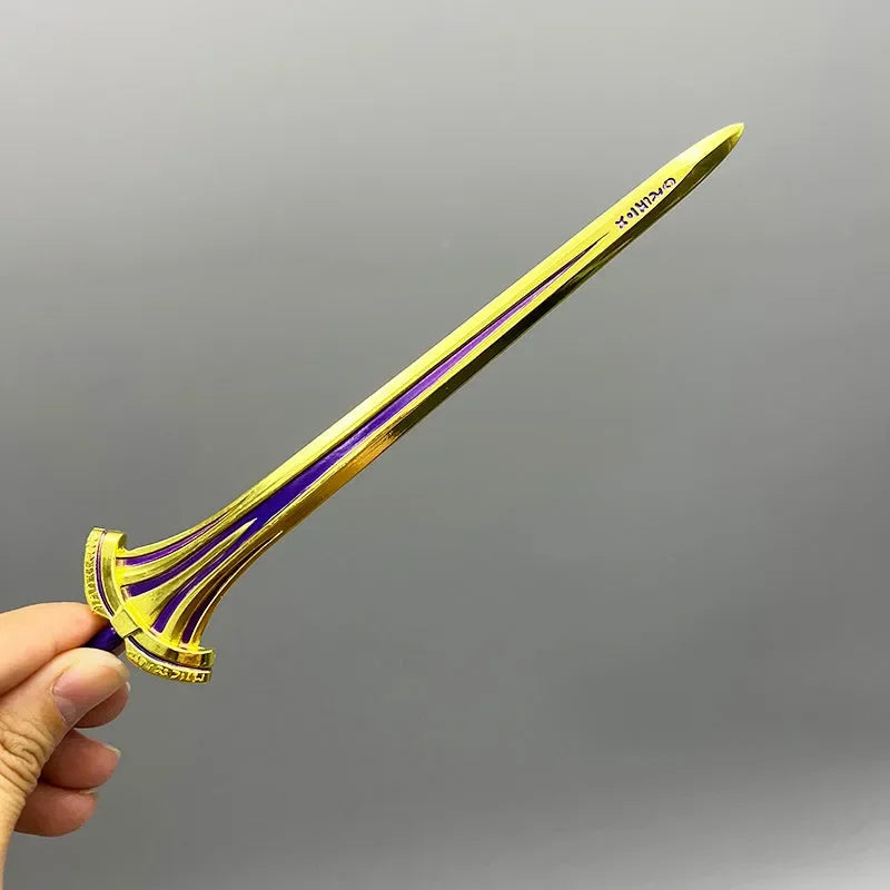 Hand holding 1:6 scale anime-style gold and purple zinc alloy sword replica collectible