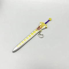 Anime-style 1:6 zinc alloy sword replica with yellow and purple details on white background