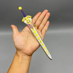Hand holding a 1:6 scale anime-style zinc alloy sword replica with yellow and purple accents