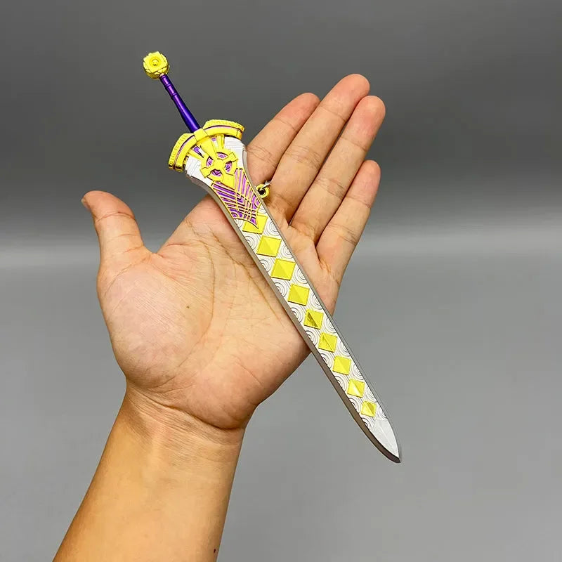 Hand holding a 1:6 scale anime-style zinc alloy sword replica with yellow and purple accents