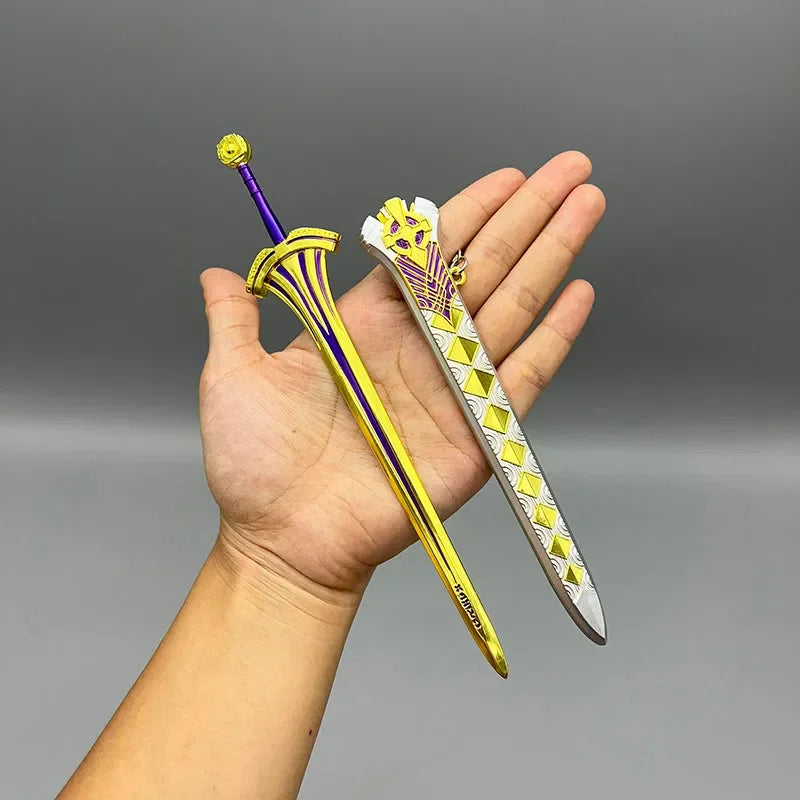 Hand holding a 1:6 scale anime-style zinc alloy sword replica with decorative scabbard