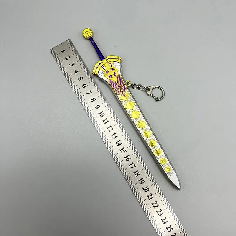 Anime-style zinc alloy sword keychain collectible next to ruler, BlacksmithSONG display.