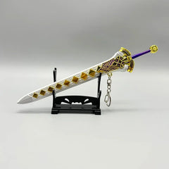 1:6 anime-style zinc alloy sword replica with gold accents on display stand, BlacksmithSONG collectible.