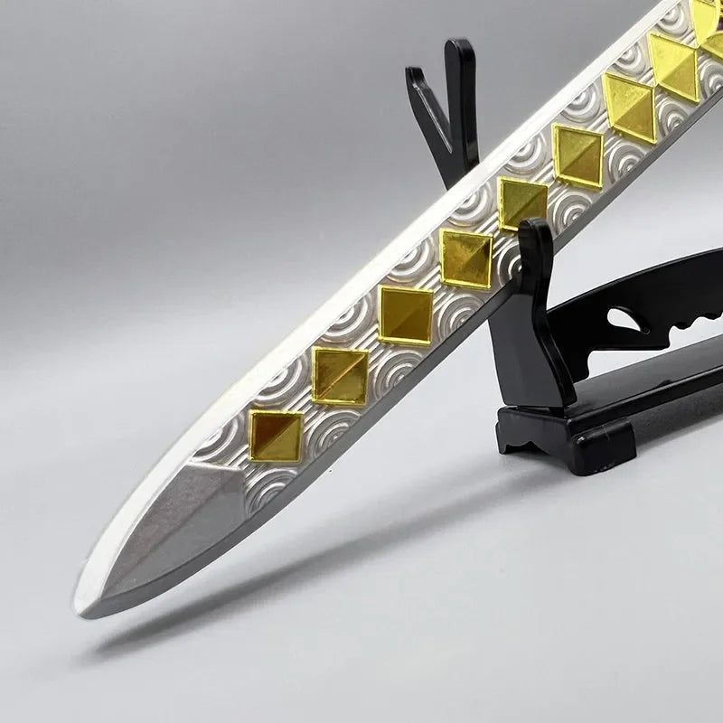 1:6 scale anime-style zinc alloy sword with gold geometric accents on display stand