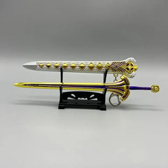 Anime-style 1:6 scale gold and silver zinc alloy sword replica on display stand, BlacksmithSONG collectible.