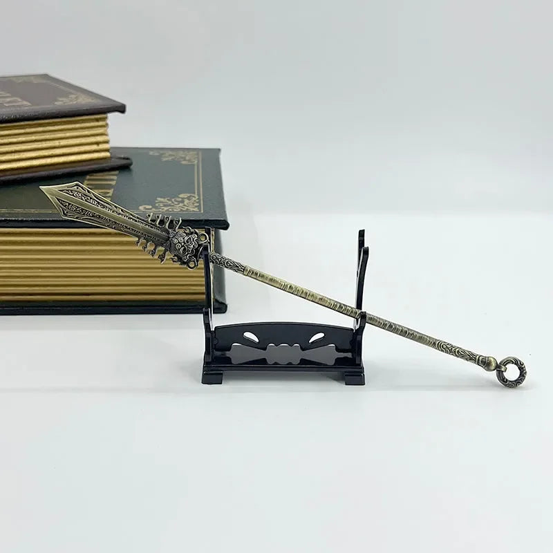 Anime-style zinc alloy spear replica on display stand, collectible by BlacksmithSONG