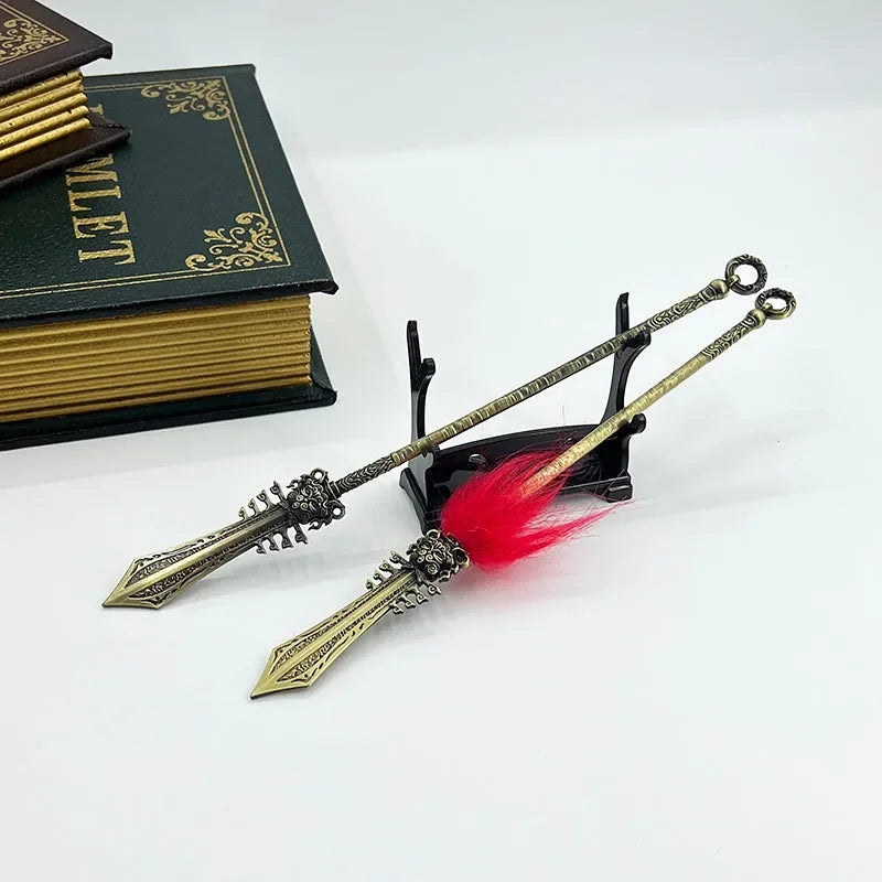 Anime-style 1:6 zinc alloy spear replicas with red tuft, display stand, and books
