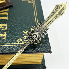 1:6 anime-style zinc alloy sword replica with ornate details on book, BlacksmithSONG collectible