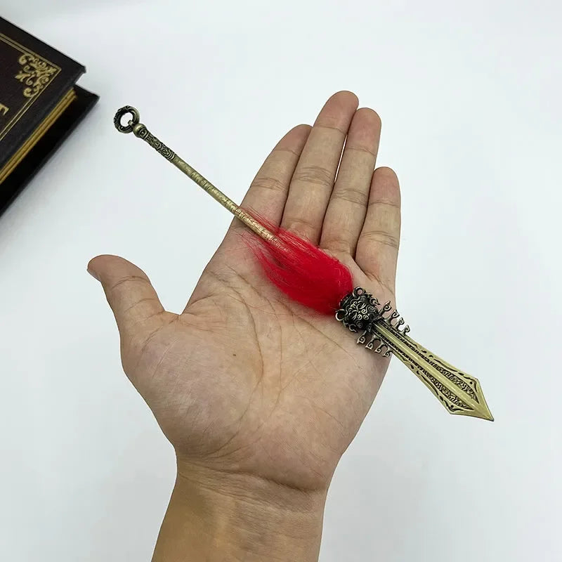 Hand holding 1:6 scale anime-style zinc alloy weapon replica with red plume, BlacksmithSONG collectible.