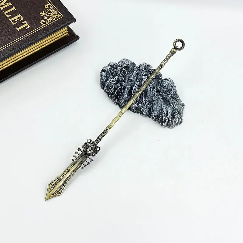 Anime-style zinc alloy spear replica on textured stand, BlacksmithSONG collectible display