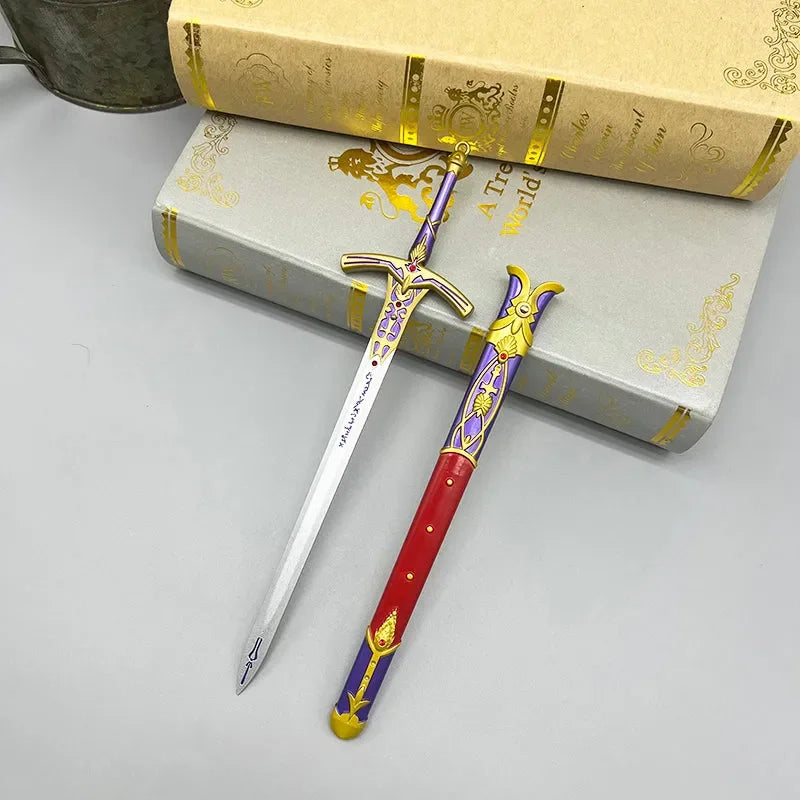 Anime-style 1:6 zinc alloy sword replica with red and gold sheath on books, collectible display.
