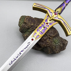1:6 scale anime-style collectible sword replica with gold and purple hilt on stone display