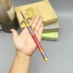 Hand holding 1:6 scale anime-style zinc alloy sword replica with colorful sheath, collectibles display.