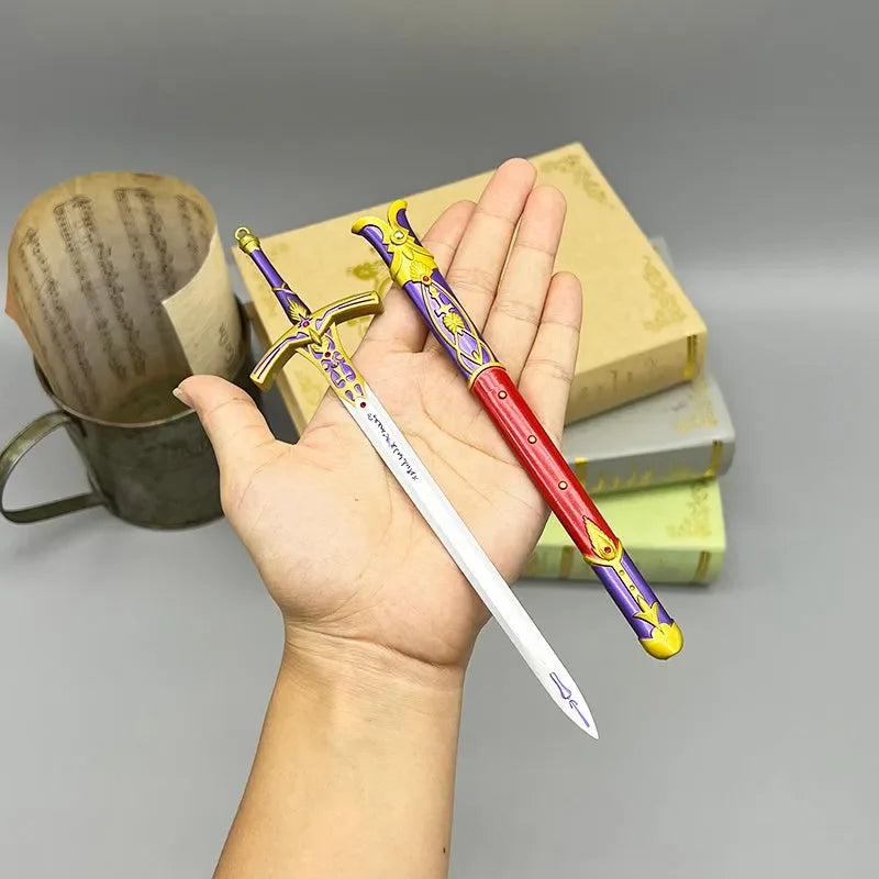 Hand holding 1:6 anime-style zinc alloy sword replica and sheath, collectible display item
