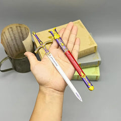 Hand holding 1:6 anime-style zinc alloy sword replica and sheath, collectible display item