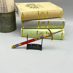 Anime-style zinc alloy sword replica on stand, with books in background, BlacksmithSONG collectible