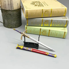 Anime-style 1:6 zinc alloy sword replica with colorful scabbard on display stand, collectible decor
