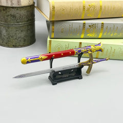 1:6 anime-style zinc alloy sword replica with sheath on display stand, collectible decor
